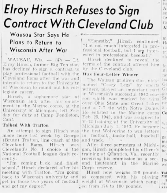 Elroy Hirsch Refuses to Sign Contract With Cleveland Club - 
