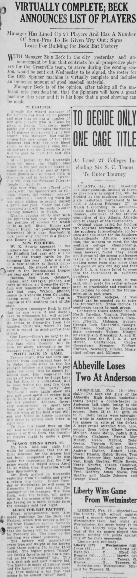 Zinn Beck Bat Co 11 Feb 1923 Greenville News - 