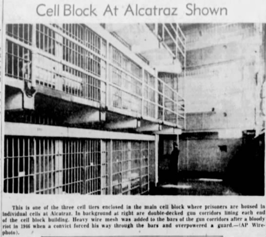 Photo of three cell tiers in the main cell block in Alcatraz, 1956 - 