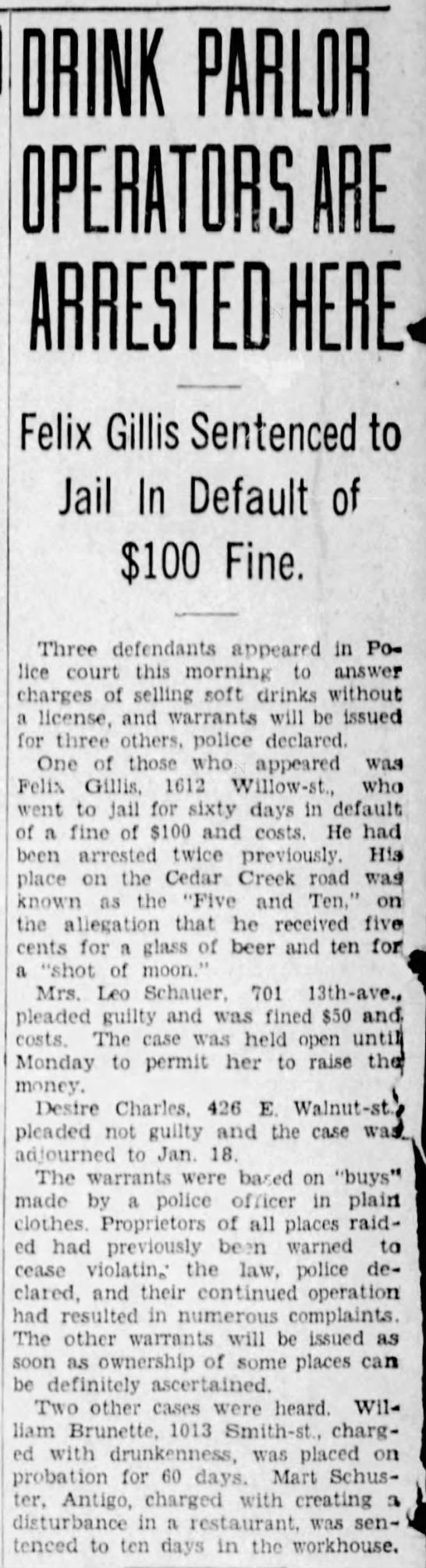 Drink Parlor Operators are Arrested Here - Felix Gillis - 2 Jan 1932 - 