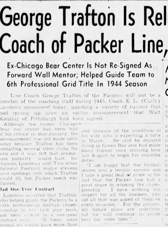 George Trafton Is Released as Coach of Packer Line, Lambeau - 