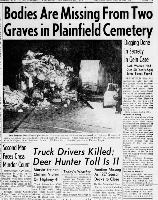 "Bodies Are Missing from Two Graves in Plainfield Cemetery; Digging Done in Secrecy in Gein Case" - 
