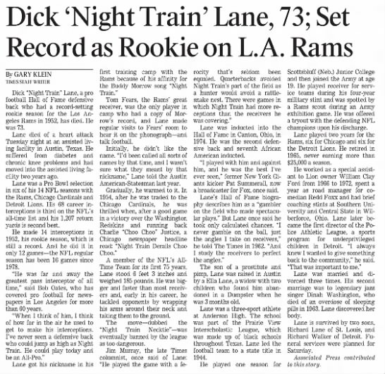 Dick 'Night Train' Lane, 73; Set Record as Rookie on L.A. Rams - 