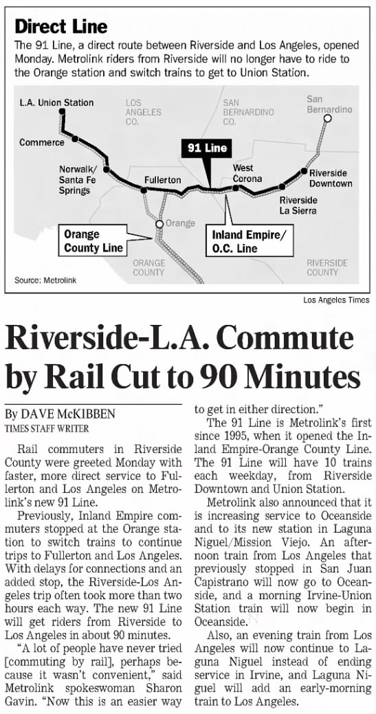 Riverside-L.A. Commute by Rail Cut to 90 Minutes - 