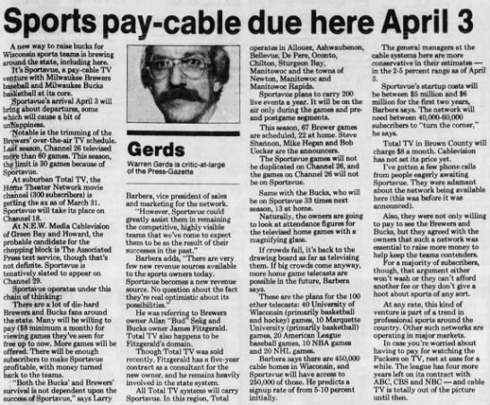 Sports pay-cable due here April 3 - 