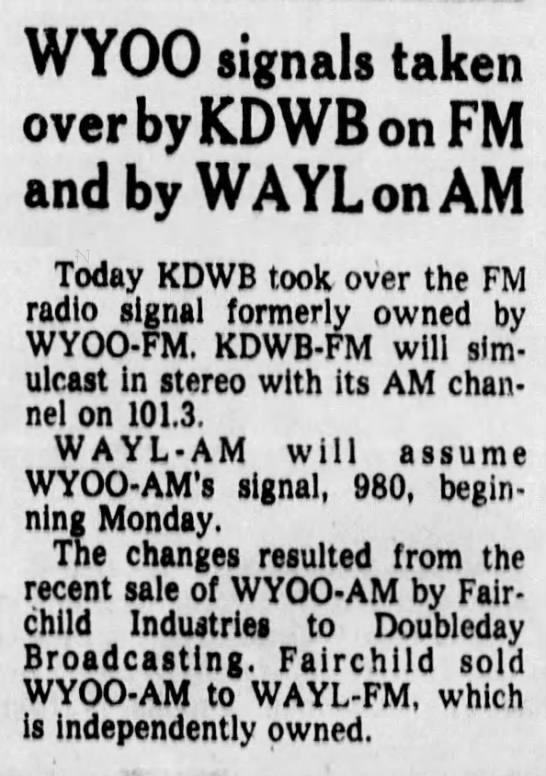 WYOO signals taken over by KDWB on FM and by WAYL on AM - 