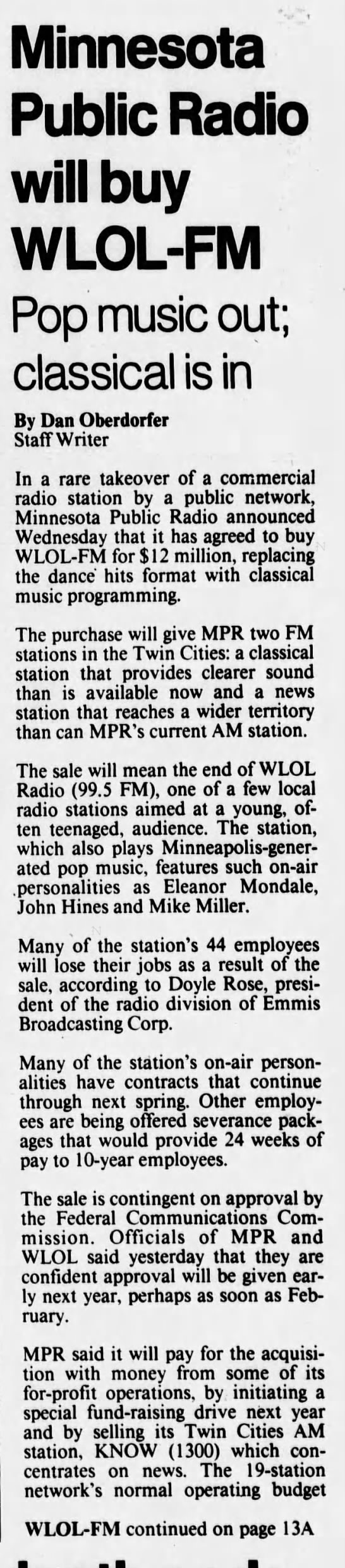 Minnesota Public Radio will buy WLOL-FM - 