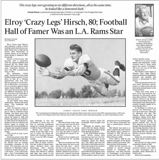 Elroy 'Crazy Legs' Hirsch, 80; Football Hall of Famer Was An L. A. Rams Star - 