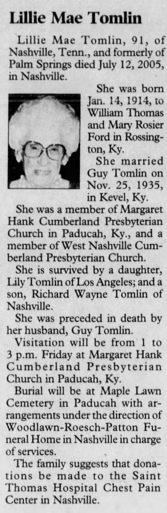 Obituary for Lillie Mae Tomlin, 1914-2005 (Aged 91) - 