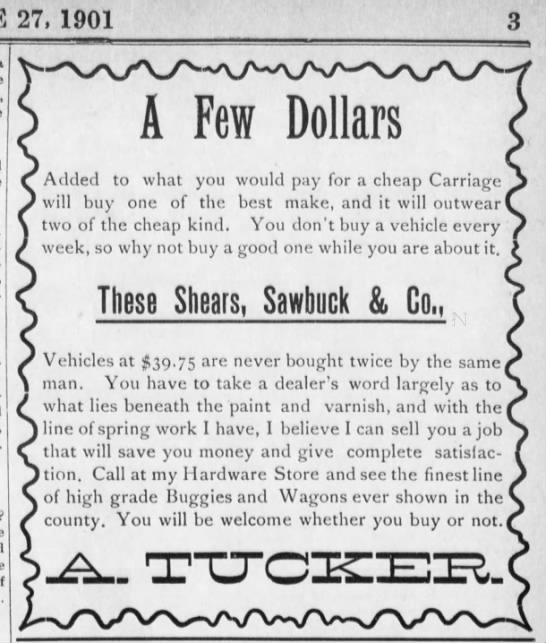 Shears, Sawbuck & Co, nickname for Sears, Roebuck & Co (1901). - 