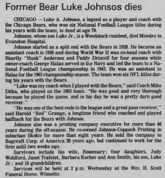Former Bear Luke Johnsos dies - 