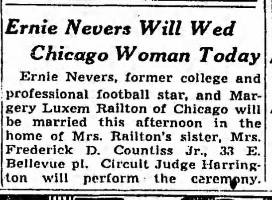 Ernie Nevers Will Wed Chicago Woman Today - 