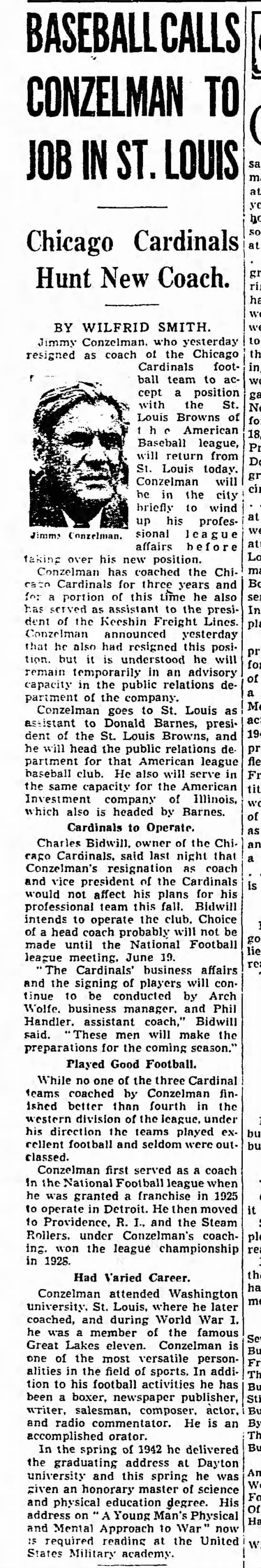 Baseball Calls Conzelman To Job in St. Louis - 