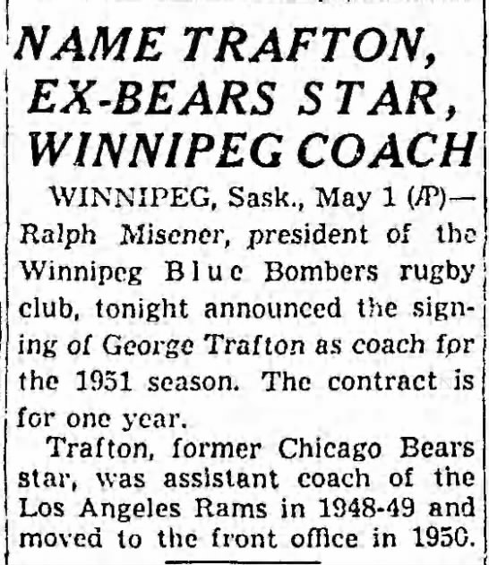 Name Trafton, Ex-Bears Star, Winnipeg Coach - 