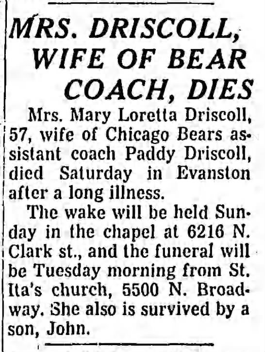 Mrs. Driscoll, Wife of Bear Coach, Dies - 
