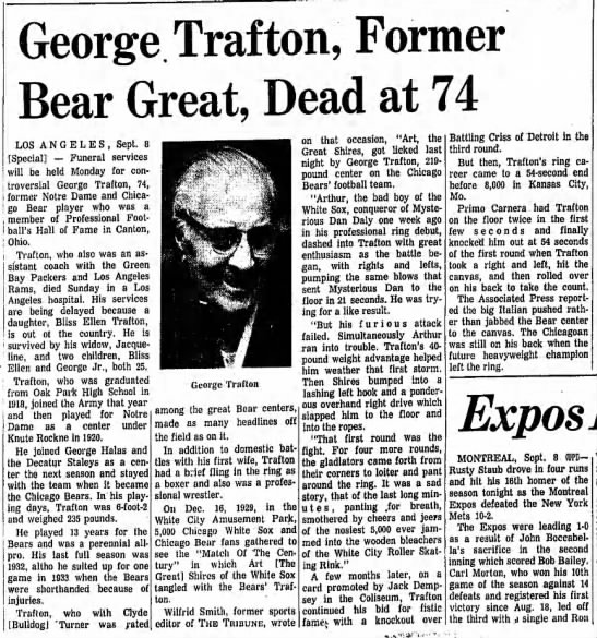 George Trafton, Former Bear Great, Dead at 74 - 