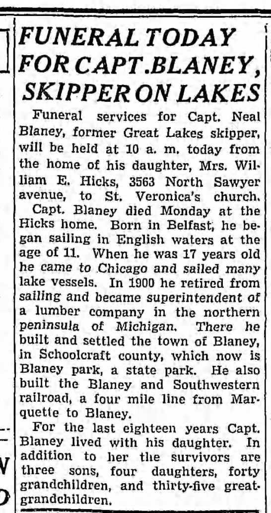 Neal Blaney Obituary 
Chicago Tribune Oct 27, 1937 - 
