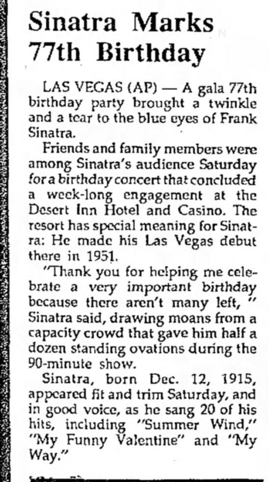 Sinatra Marks 77th Birthday, The Titusville Herald (Titusville, Pennsylvania) 3 January 1992, p 10 - 