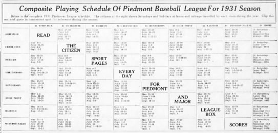 1931 Piedmont League schedule - 