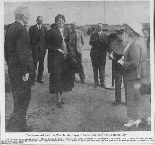 Amelia Earhart pictured after receiving the key to Burlington, Vermont, in 1934 - 