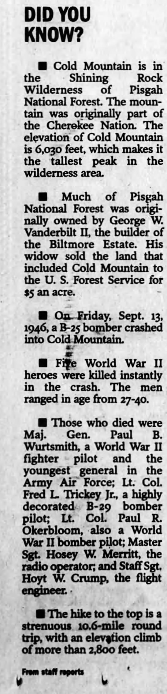 Did you Know?
Cold Mountain and B-25 Bomber crash - 