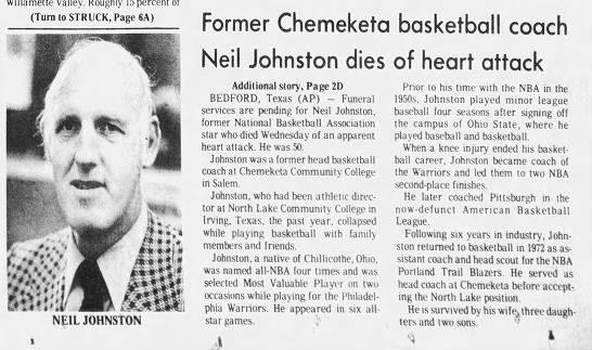 Neil Johnston, NBA Hall of Famer, Obituary, Statesman Journal (Salem, OR), September 29, 1978 - 