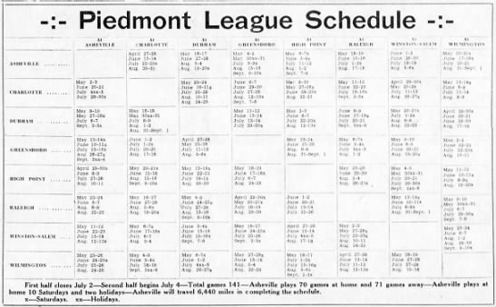 1932 Piedmont League schedule - 