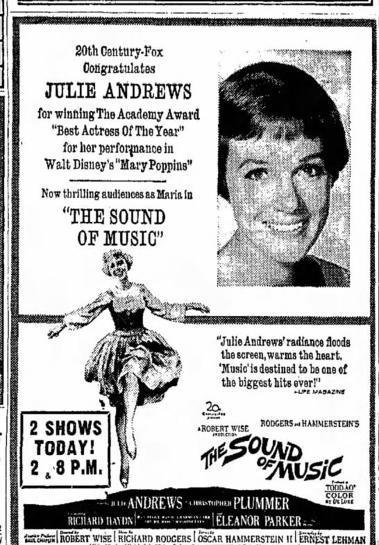 Academy Award-winning Julie Andrews thrills audiences as Maria in the Sound of Music - 