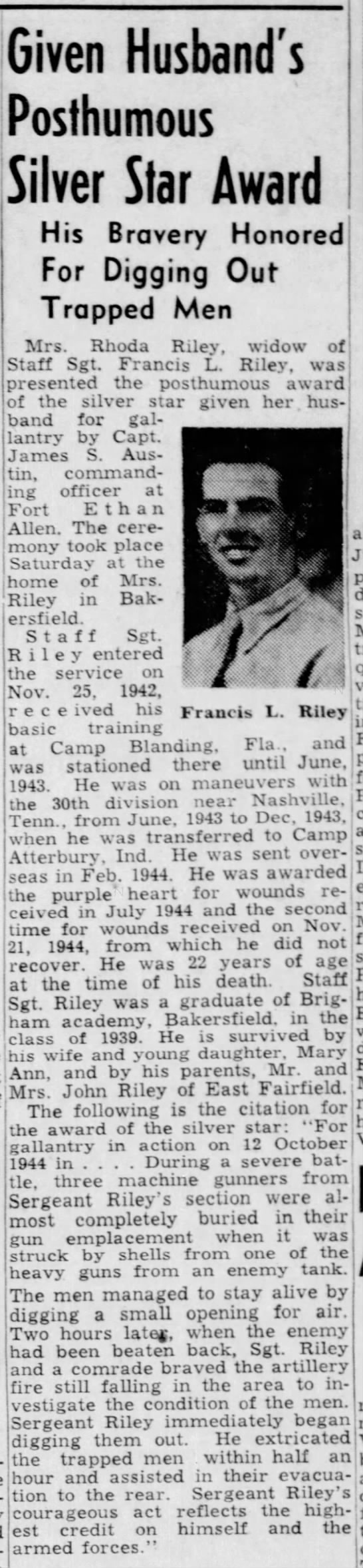 Francis J. Riley receives posthumous silver star. - 