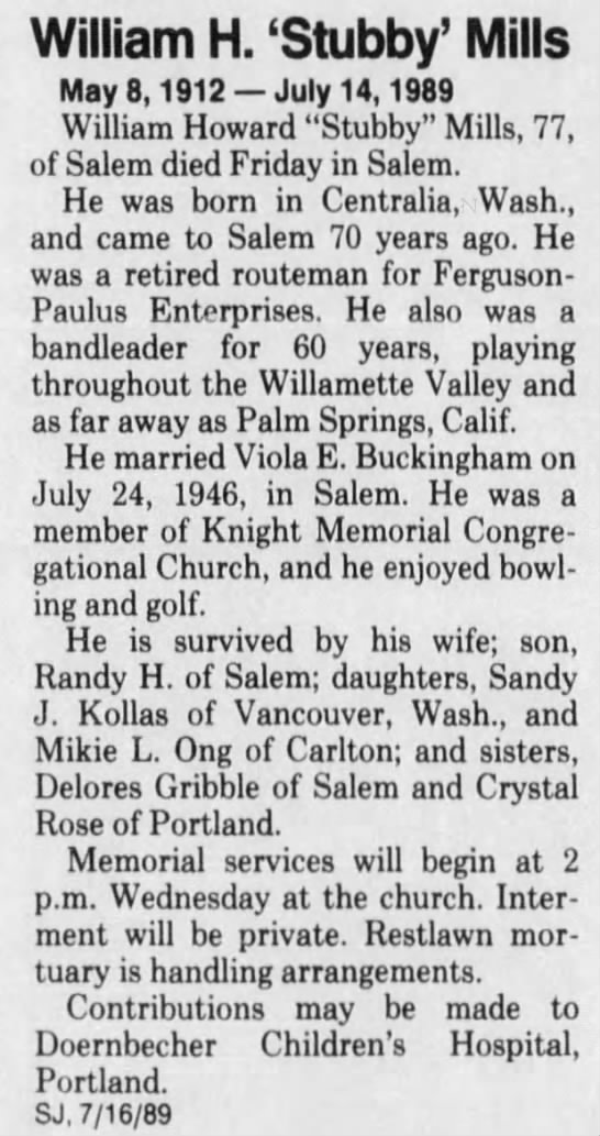 Obituary for William Howard Mills, 1912-1989 (Aged 77) - 
