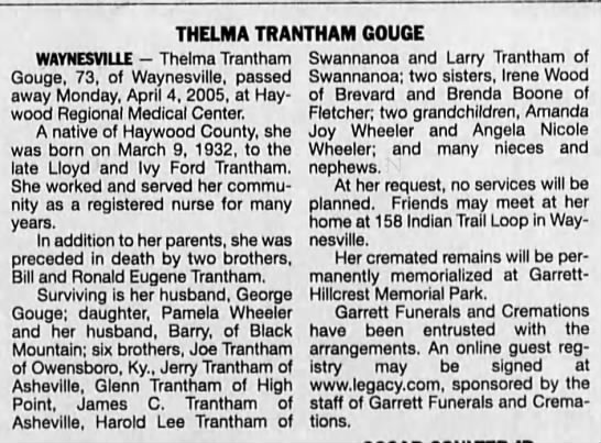 Obituary for Thelma Trantham Gouge, 1932-2005 (Aged 73 ...
