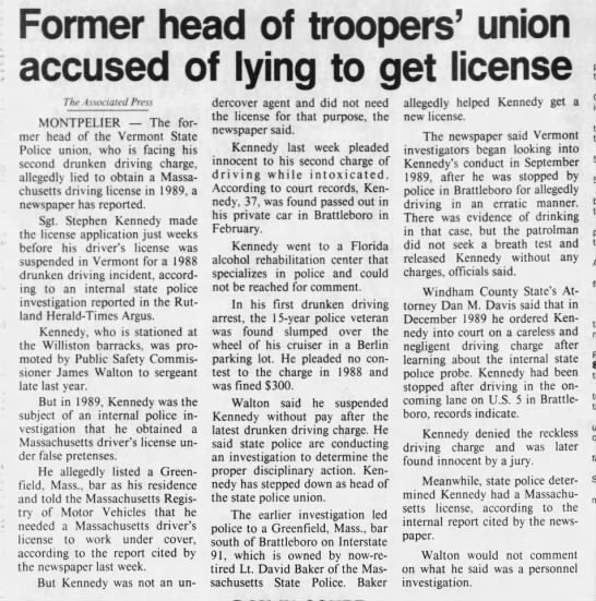 1993: Former VT trooper's union head accused of lying to obtain driver's license - 