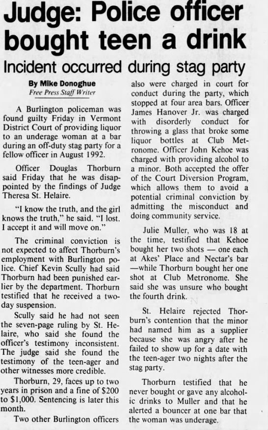 1994: Burlington PD officer charged for buying underage woman drink - 