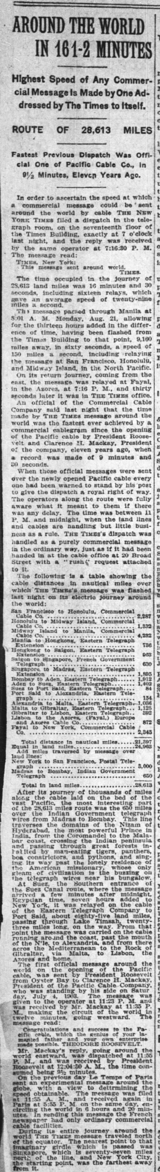 First around-the-world commercial telegram is sent, 1911 - 