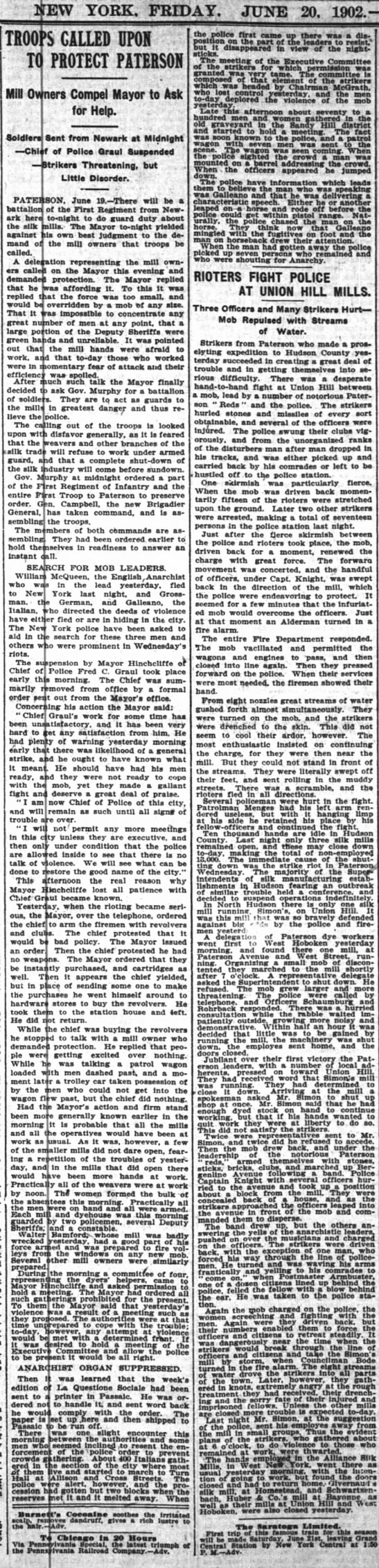 20 June 1902 NY Times Paterson  Newark Union Mills Strikes Violence Silk Mills - 