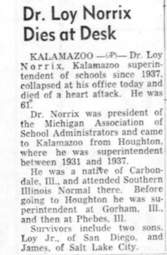 Dr. Loy Norrix Dies at Desk  02 Jan 1958 - 