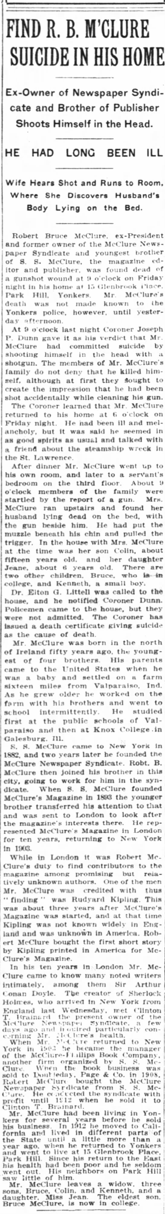 NY Times front page story on the suicide of Robert Bruce McClure -- Sunday May 31, 1914 - 
