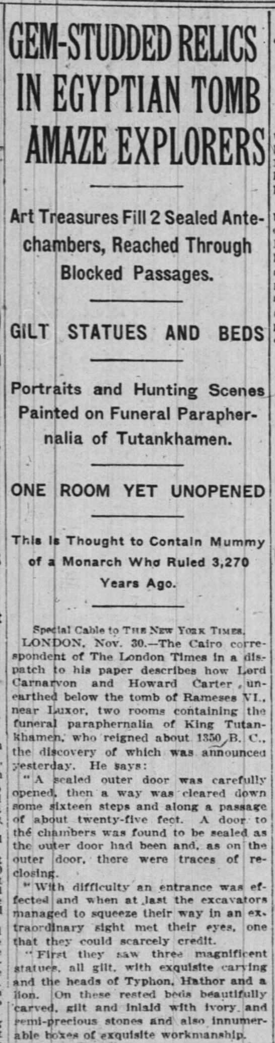 Today in 1922 : News of the discovery of the treasures of Old King Tut breaks out all over the world - 