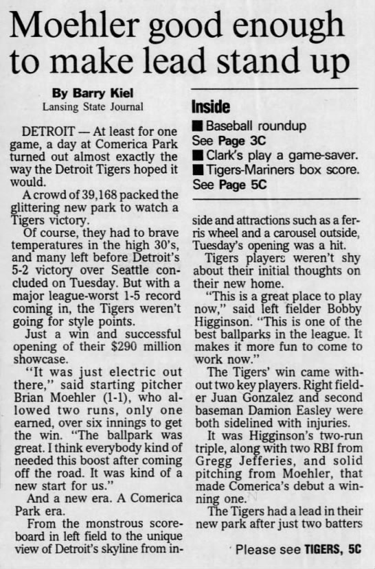 Wed 4/12/2000: Higginson quote about Comerica Park (first game) - 