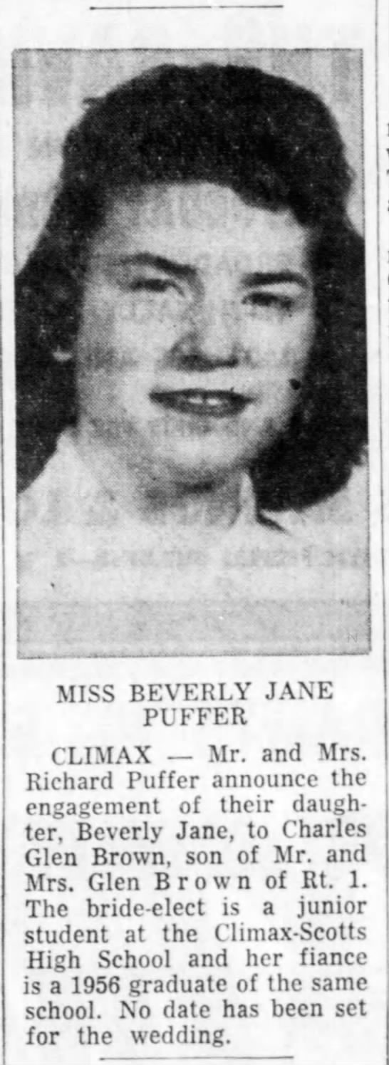Beverly Jane Puffer engagement to Charles Glen Brown