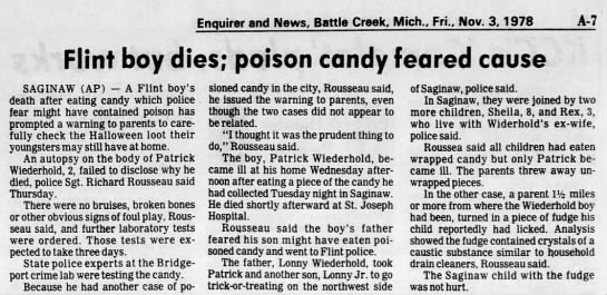 Wiederhold child killed eating Halloween candy. - 