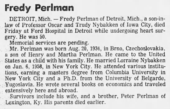 Fredy Perlman obituary in Iowa City Press-Citizen - 
