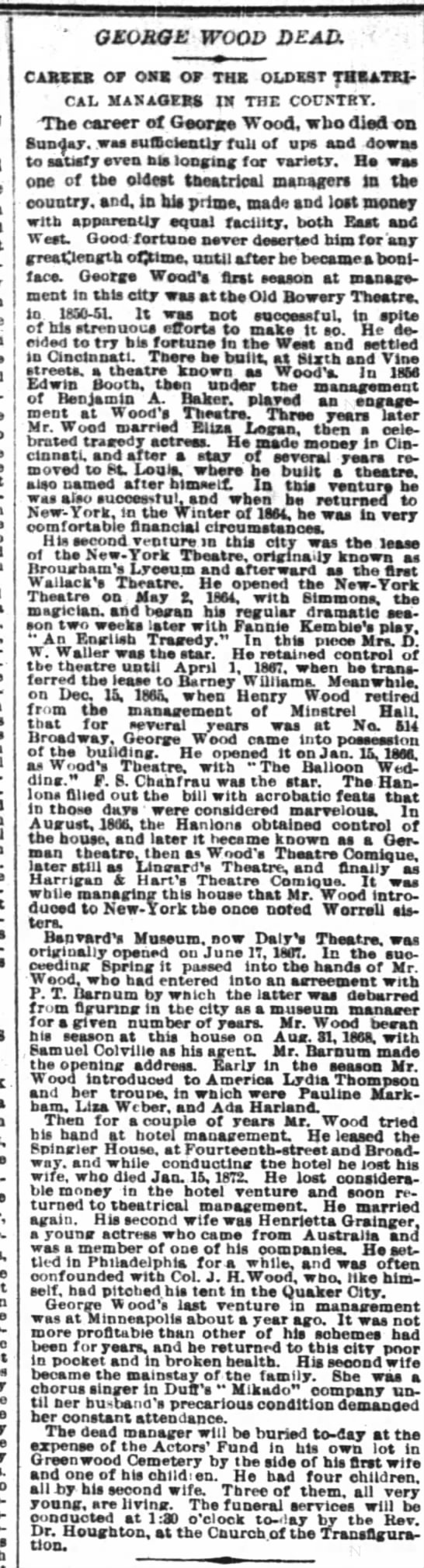 George Wood Theatrical
18 May 1886 NY Times - 