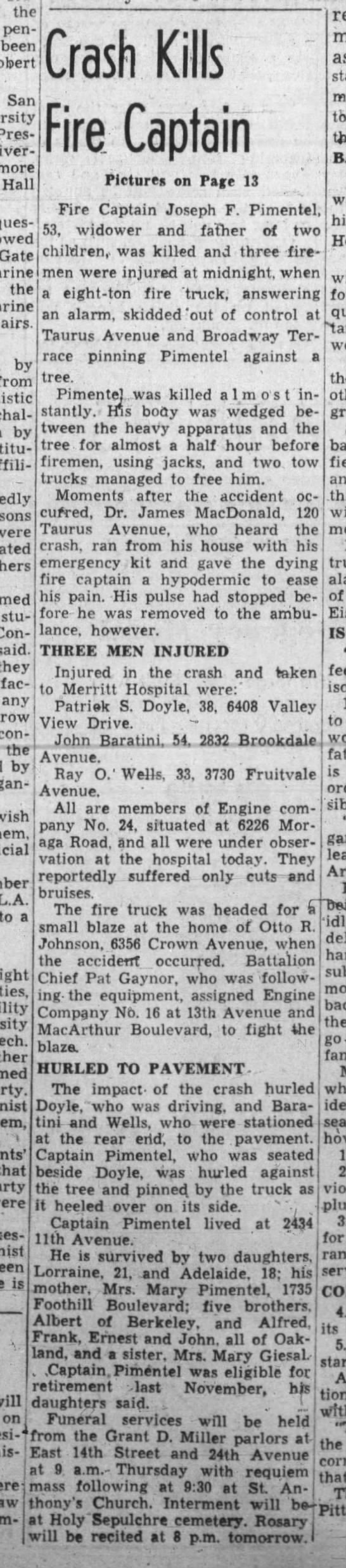 Crash Kills Fire Captain Pg 1 - Oakland Tribune January 22, 1946 - 