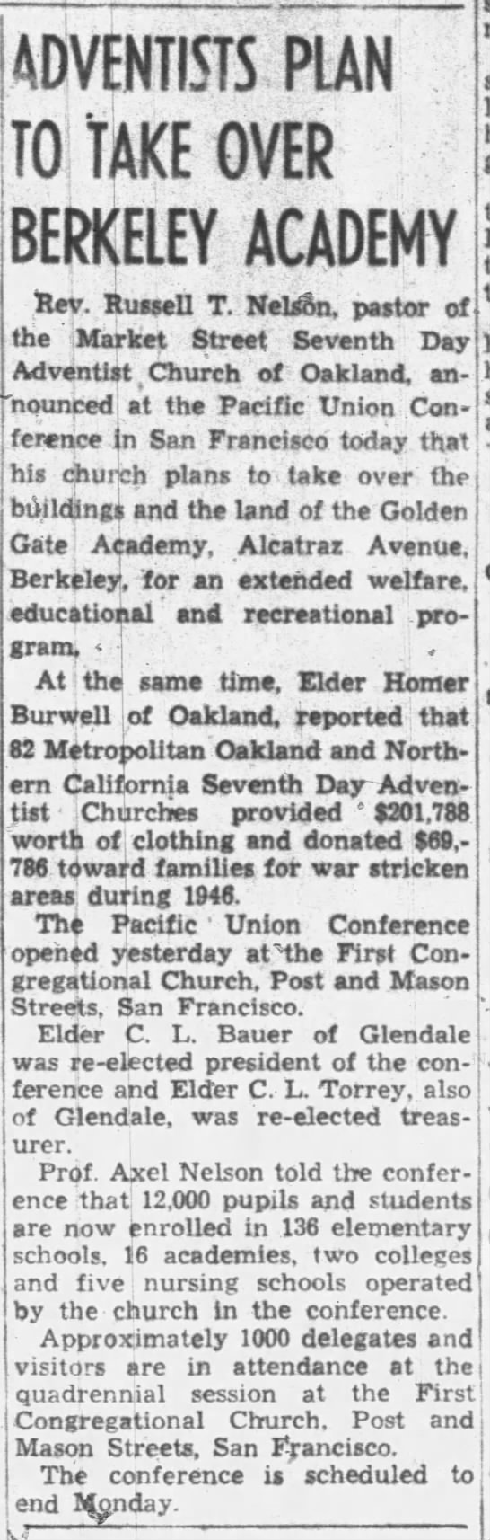 Market Street Seventh-Day Adventist Church plan to take over Golden Gate Academy - 