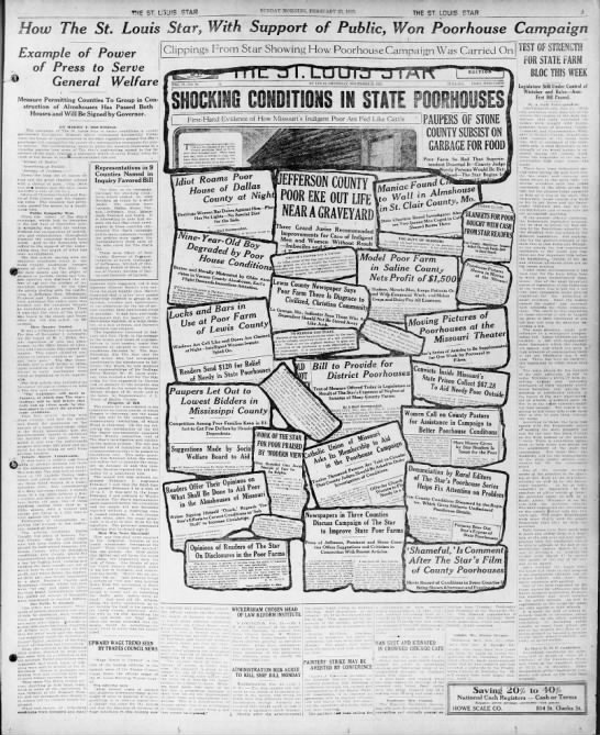 St. Louis Star launches a public awareness campaign to improve conditions in poorhouses, 1923 - 