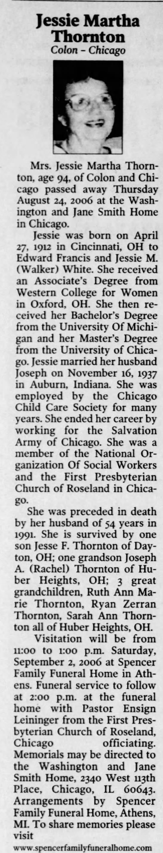 Obituary: Jessie Martha Thornton nee White, 1912-2006 (Aged 94) - 