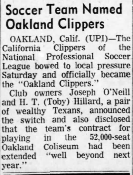 soccer team to be named Oakland Clippers - 