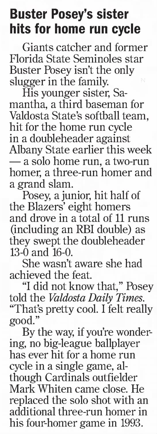 Buster Posey's sister hits for home run cycle - 