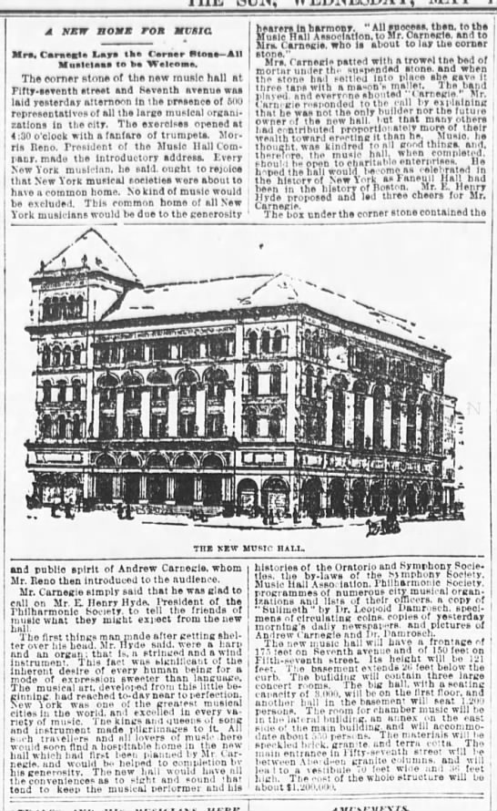Carnegie Music Hall 5th & 7th 1890 - 